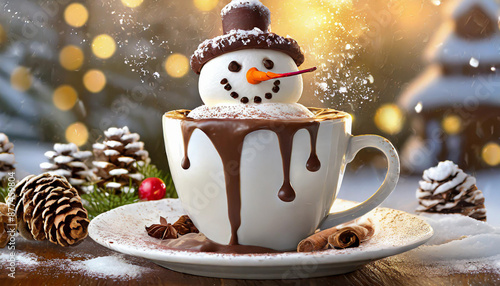 Snowman in a cup of hot chocolate drink, christmas food art