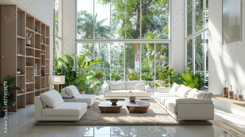Bright and airy living room with floor-to-ceiling windows, offering a view of a lush garden.