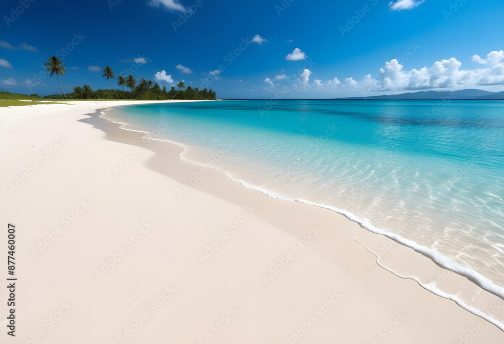 Fototapeta premium calm ocean or sea on exotic tropical beach with white sand and palm trees 