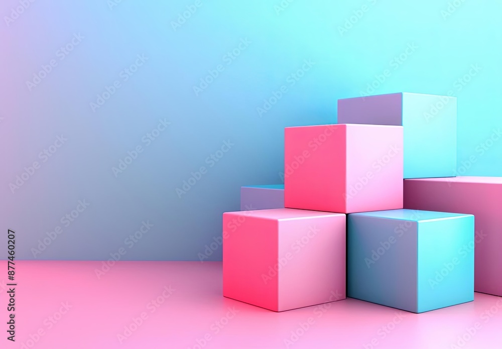 Abstract pastel geometric cubes in blue and pink gradient background Abstract pastel geometric cubes in blue and pink gradient background