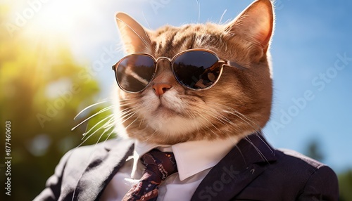 The image presents a charming scene of a tabby cat donning a stylish ensemble The cat, with its distinctive striped fur pattern, is seated comfortably on a black lapel jacket photo