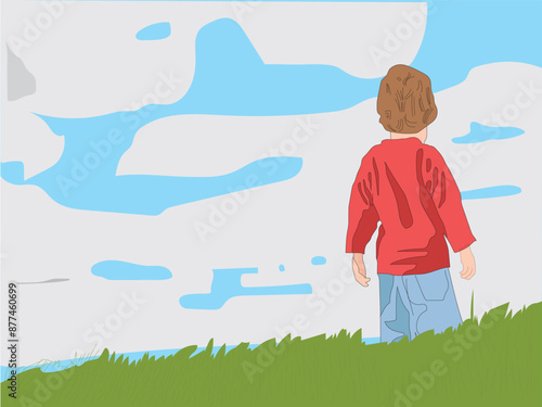 Character Sketches Young boy standing at the top of a grassy hill with large cloud of white clouds