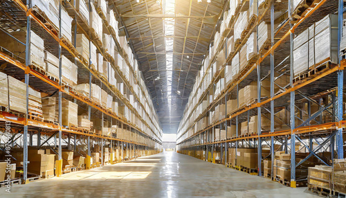 Panorama of huge distribution warehouse with high shelves with forklift at large warehouse.
