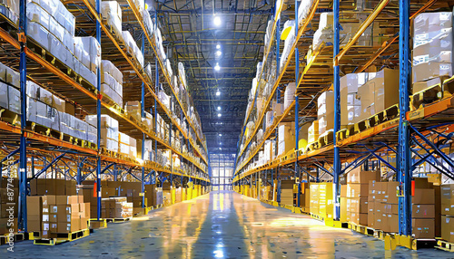 Panorama of huge distribution warehouse with high shelves with forklift at large warehouse. © netsay