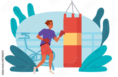 Boxer training concept. Man in boxing gloves hits bag. Sportsman and athletes beats sandbag. MMA fighter. Active lifestyle and sports. Cartoon vector illustration isolated on white background