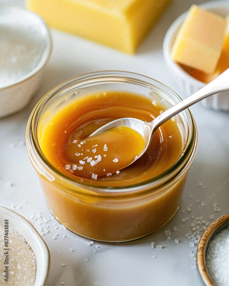 Realistic image of Caramello salato, a rich and creamy salted caramel sauce. Realistic image of Caramello salato, a rich and creamy salted caramel sauce.