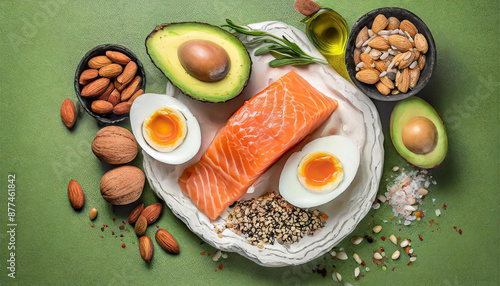 Keto diet concept - salmon, avocado, eggs, nuts and seeds, bright green background, top view