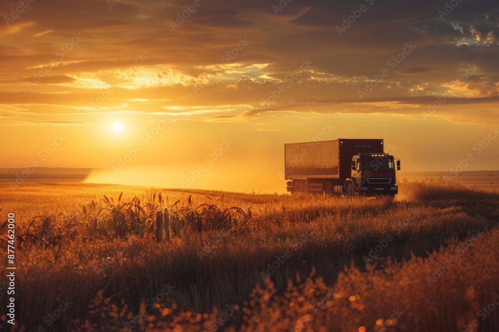 Fototapeta premium Bathed in the warm glow of the setting sun, a truck drives through the countryside, surrounded by the peaceful ambiance of dusk. Immerse yourself in the beauty of nature's twilight.