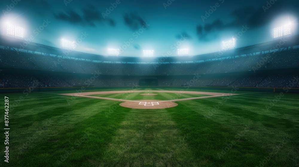 Fototapeta premium A brightly lit, empty baseball stadium at night, showcasing the perfectly manicured green field and the geometrically precise diamond.