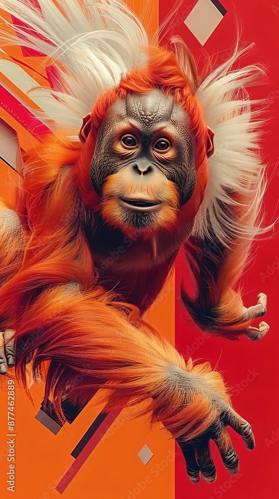 Orangutan with long orange and white hair floating in the air on a colorful geometric background with orange and red colors Orangutan with long orange and white hair floating in the air on a colorful geometric background with orange and red colors