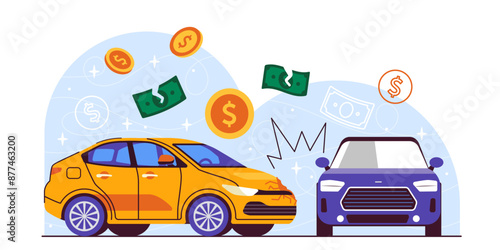 Car accident concept. Yellow auto crashed into blue one. Broken vehicles on road. Damaged transport and automobiles at highway. Cartoon vector illustration isolated on white background