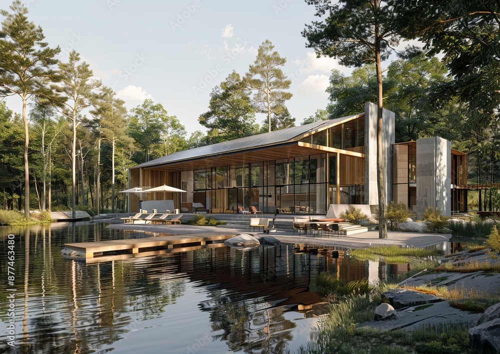 Modern Lakeside House in Forest with Glass Facade and Wooden Accents