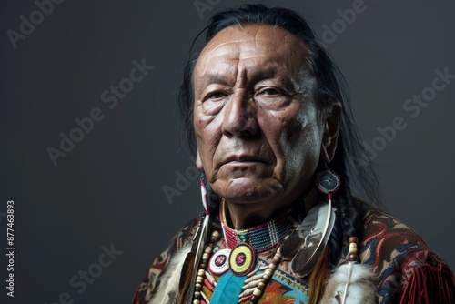 In a studio setting, a Native American man stands with dignity, adorned in cultural jewelry that speaks to his heritage and ancestry. Witness the beauty of tradition. © Piyaphorn