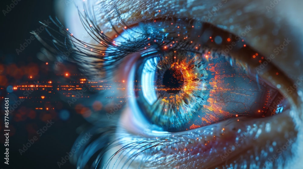 A close-up image of a human eye with a digital overlay of bright lights in the iris. A close-up image of a human eye with a digital overlay of bright lights in the iris.