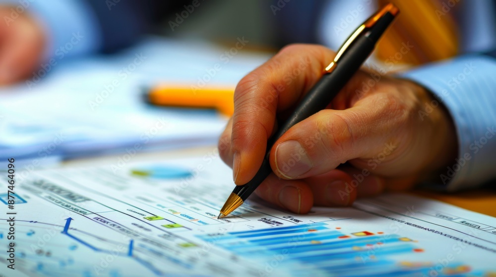 Close-up of a businessman's hand holding a pen, examining a financial report with graphs. Close-up of a businessman's hand holding a pen, examining a financial report with graphs.