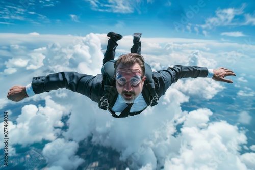 Successful businessman skydives with confidence, symbolizing the fearlessness and ingenuity required to tackle and triumph over business challenges.