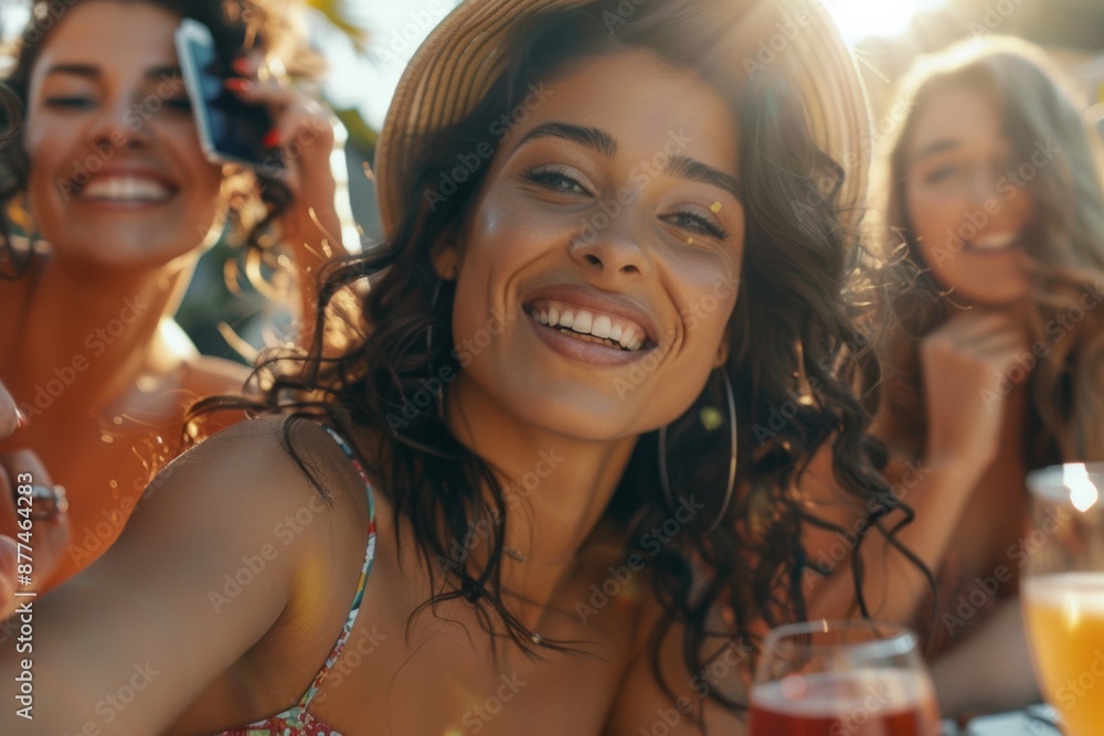 With smiles as bright as the sun, a woman captures a selfie with friends at a lunch party, savoring the warmth of friendship and laughter. With smiles as bright as the sun, a woman captures a selfie with friends at a lunch party, savoring the warmth of friendship and laughter.