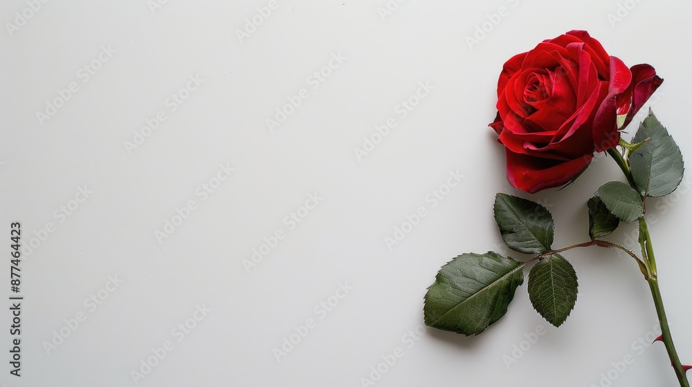 Fototapeta premium Red rose on white surface with empty space on right side of image