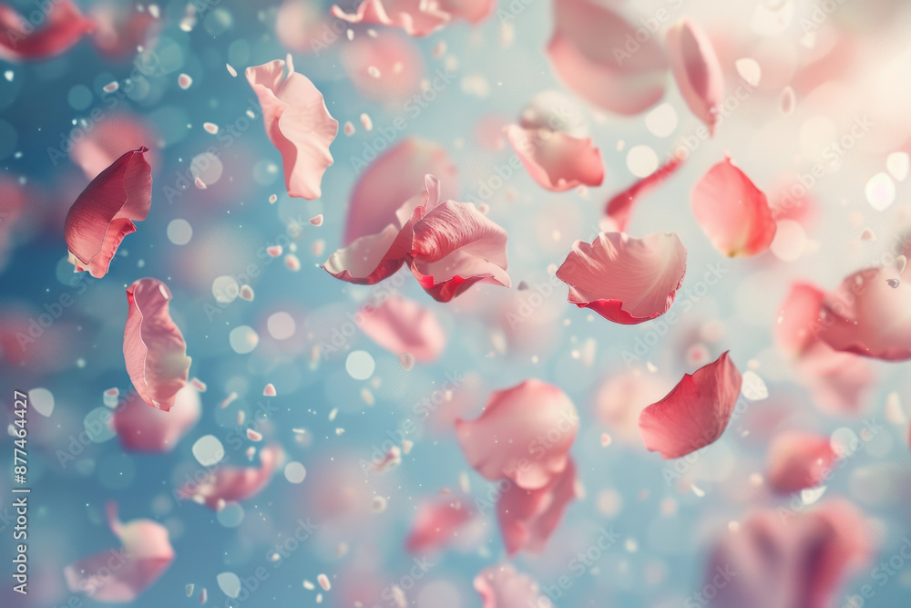 Pink rose petals gently float in the air against a soft blue sky, creating a serene and captivating scene that blends delicate beauty with a tranquil atmosphere Pink rose petals gently float in the air against a soft blue sky, creating a serene and captivating scene that blends delicate beauty with a tranquil atmosphere