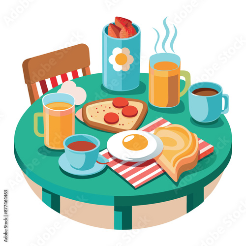 An egg, bacon, and toast breakfast table. against a white backdrop