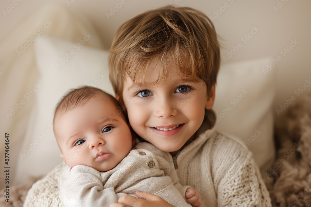 A delighted older sibling lovingly holds a baby in a warm, cozy setting, evoking sentiments of family bonding, affection, and the pure joy of welcoming a new family member. A delighted older sibling lovingly holds a baby in a warm, cozy setting, evoking sentiments of family bonding, affection, and the pure joy of welcoming a new family member.