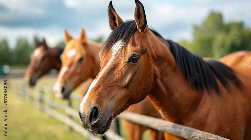Fototapeta premium Visualize a stable with conventionally trained horses ready for riding lessons