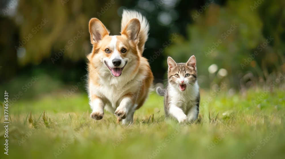 Playful Corgi and Kitten Running in a Green Meadow Playful Corgi and Kitten Running in a Green Meadow