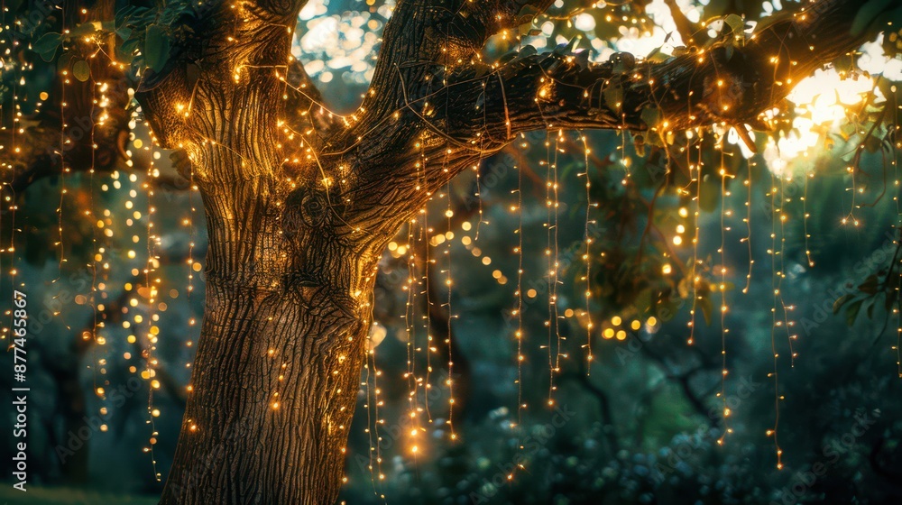 Obraz premium Photo of a mystical tree with hanging lights. Luminous decorations, evening atmosphere, mysterious lighting.