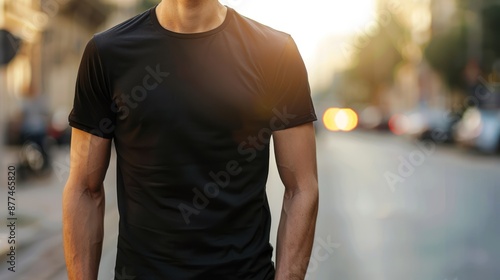 Man Wearing a Black T-Shirt in a City Setting © Anak