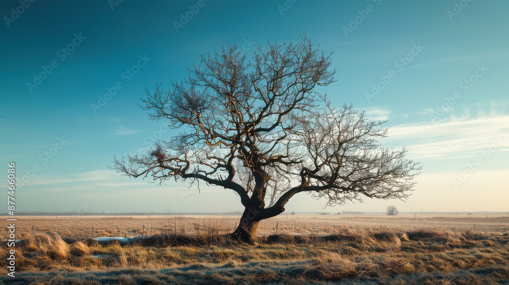Photo of a uniquely shaped tree in the middle of a field. Lonely tree, interesting branch formation, contrasting background. Photo of a uniquely shaped tree in the middle of a field. Lonely tree, interesting branch formation, contrasting background.