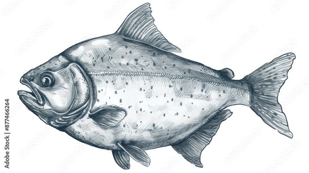 Obraz premium Detailed black and white illustration of a fish, showcasing intricate scales and fins, perfect for nature-themed artwork and educational materials.
