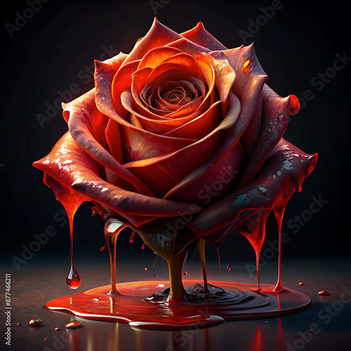 A beautiful rose with a vibrant pink hue, drops of water falling from it, and a stunning blue background