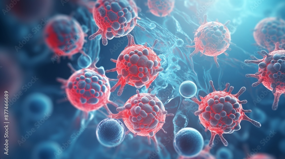 Microscopic view of spherical red virus particles in a biological study Microscopic view of spherical red virus particles in a biological study