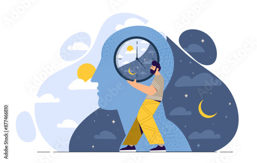 Man with circadian rhythm concept. Young guy with watch in his hands. Healthy lifestyle and proper daily routine. Quality sleep and dream. Rest and recuperation. Cartoon vector illustration