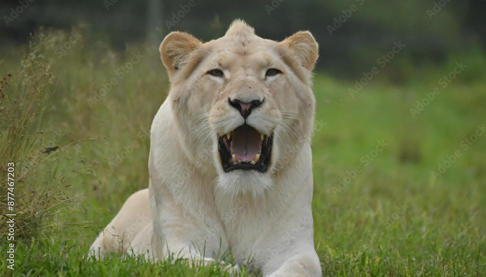 Lioness displays dangerous teeth during light Lioness displays dangerous teeth during light