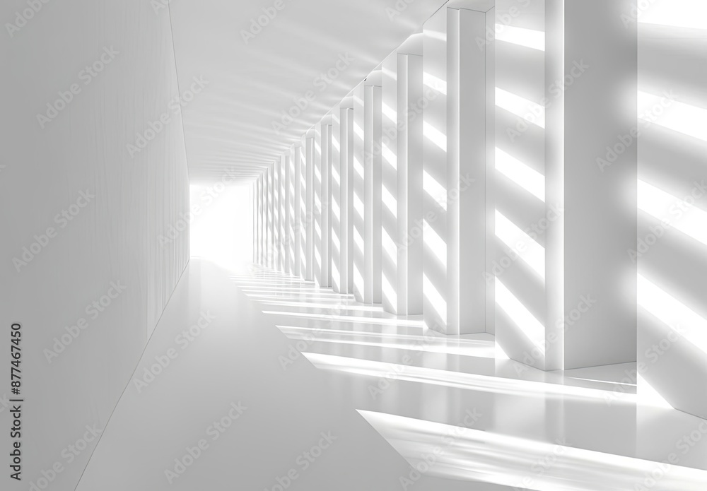 Fototapeta premium Minimalist White Corridor with Sunlit Shadows on Walls and Floor
