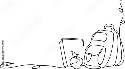 Back to school decoration. Continuous one line drawing of book, apple and backpack
