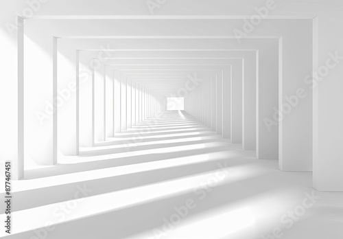 Minimalistic White Tunnel with Abstract Geometric Patterns and Shadows