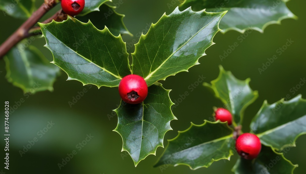 This image captures the vibrant life cycle of holly berries on green leaves Three round red berries are prominently featured, each at different stages of ripeness and growth This image captures the vibrant life cycle of holly berries on green leaves Three round red berries are prominently featured, each at different stages of ripeness and growth