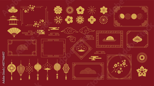 Chinese traditional ornaments frames. Asian decorative borders with lanterns, floral motifs of lotus flower and cherry blossoms. China themed vector elements set. Chinese lunar new year design.