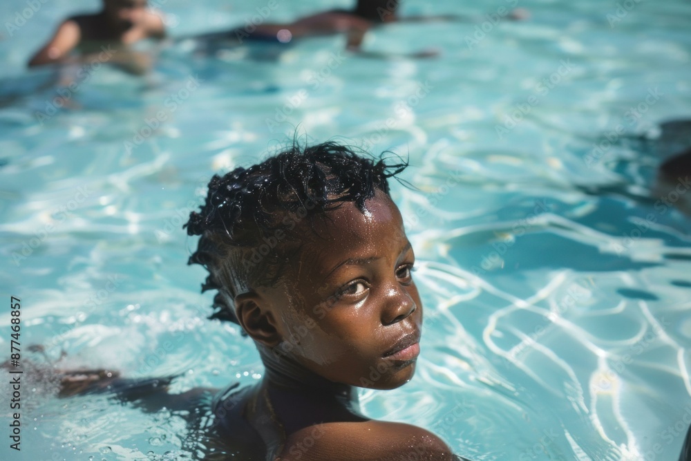 Young black boy swimming in the pool with friends on a sunny summer day Young black boy swimming in the pool with friends on a sunny summer day
