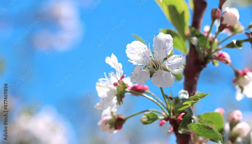 Macro shot of white cherry flowers isolated on blue sky background. Macro shot of white cherry flowers isolated on blue sky background.