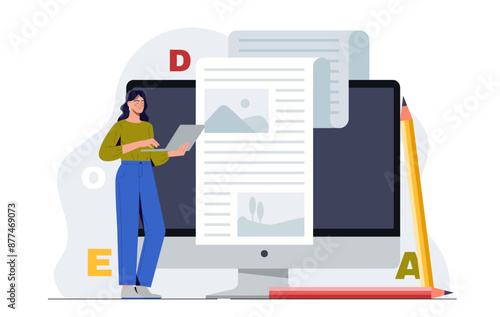 Woman with copywriting. Young girl with laptop typing article. Talented author creates interesting content for websites and social networks. Cartoon vector illustration isolated on white background