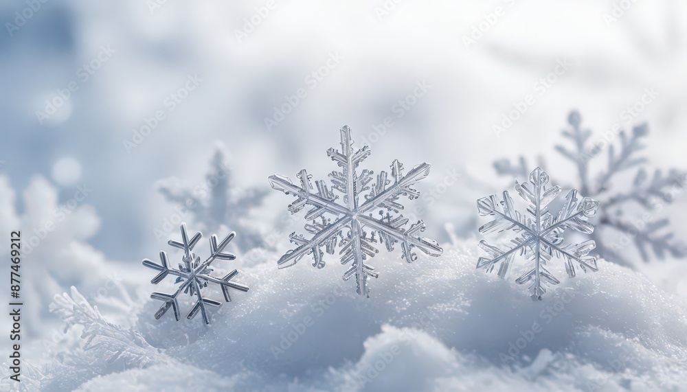 Three snowflakes, each unique in design, float on the surface of what appears to be either fog or smoke The snowflake closest to us is slightly larger and more detailed than its companions, Three snowflakes, each unique in design, float on the surface of what appears to be either fog or smoke The snowflake closest to us is slightly larger and more detailed than its companions,