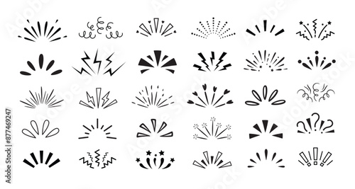 Doodle line sparkles. Surprise burst rays, hand drawn sunburst and confetti explosion lines. Comic celebrating splash manga comic emotion expression vector set. Sunshine and starburst isolated symbol.