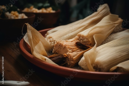 Traditional Sweet tamales dish bowl. Mexican pastry food calories cooked. Generate Ai