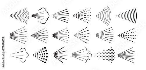 Spray symbols. Aerosol sprayed line, steam nozzle flow cloud, shower streams and spraying water, perfume or deodorant icons. Mist, jet and burst spray patterns vector set. Sprayer vapor stream.