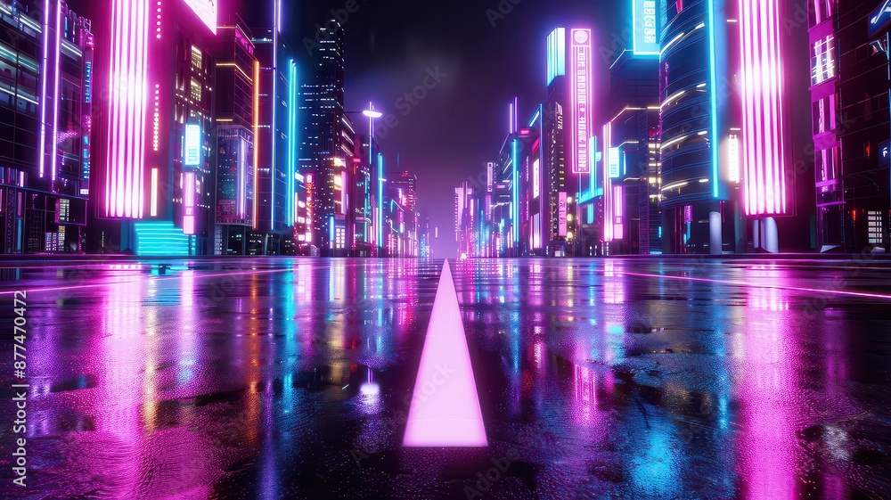 A vibrant cyberpunk cityscape featuring neon lights and holographic billboards reflecting off wet streets. The futuristic setting showcases towering skyscrapers illuminated in bright pink, blue, and p A vibrant cyberpunk cityscape featuring neon lights and holographic billboards reflecting off wet streets. The futuristic setting showcases towering skyscrapers illuminated in bright pink, blue, and p