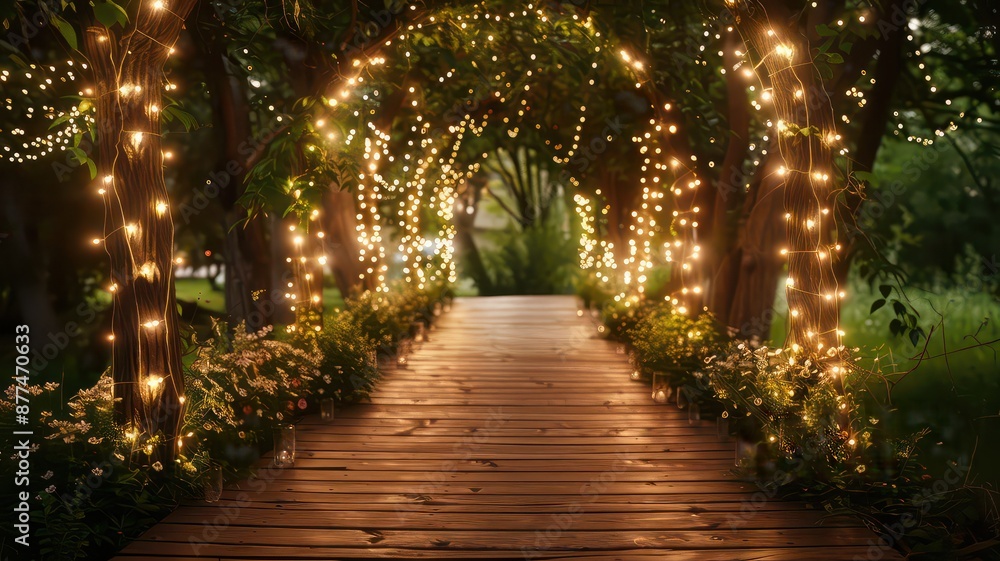 A magical tree-lined path illuminated by a canopy of twinkling fairy lights, creating an enchanting atmosphere. Perfect for evening events, weddings, or romantic garden settings A magical tree-lined path illuminated by a canopy of twinkling fairy lights, creating an enchanting atmosphere. Perfect for evening events, weddings, or romantic garden settings