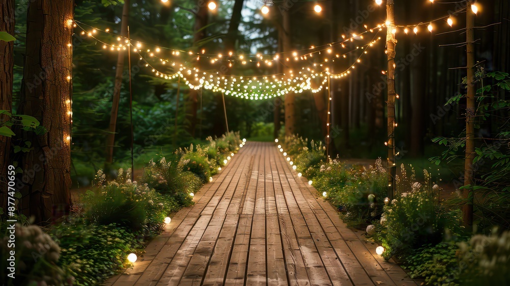 A magical tree-lined path illuminated by a canopy of twinkling fairy lights, creating an enchanting atmosphere. Perfect for evening events, weddings, or romantic garden settings A magical tree-lined path illuminated by a canopy of twinkling fairy lights, creating an enchanting atmosphere. Perfect for evening events, weddings, or romantic garden settings